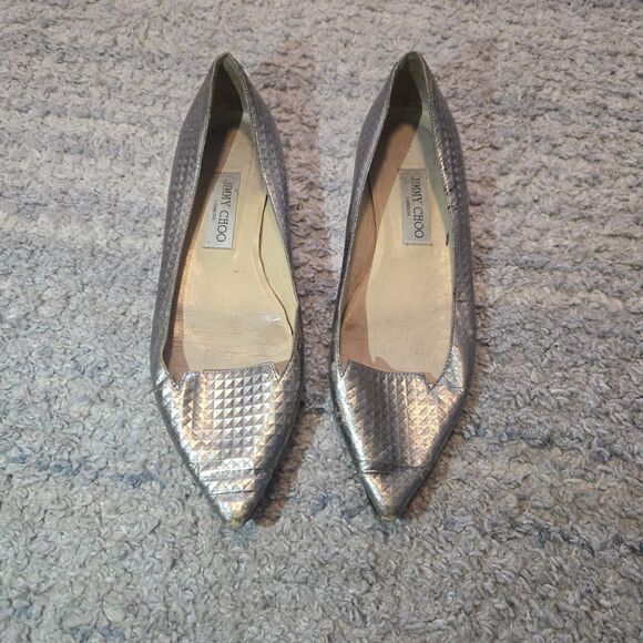Jimmy Choo Sz 38.5  Metallic Silver Flats Pointed  Toe - Picture 1 of 11